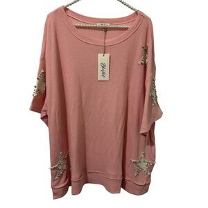 BLUE VELVET Women’s Sz XL Oversized Pink Embellished T-Shirt Stars Boxy Beachy